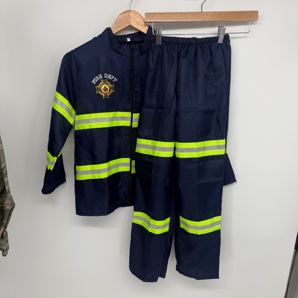 Kids Fireman Costume Navy Blue Fire Dept Jacket and Pants Set Reflective Stripes